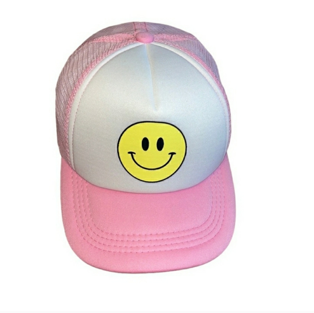 Smiley Face Women's Pink, White, Yellow Trucker Hat -  Adjustable Snap Back Cap